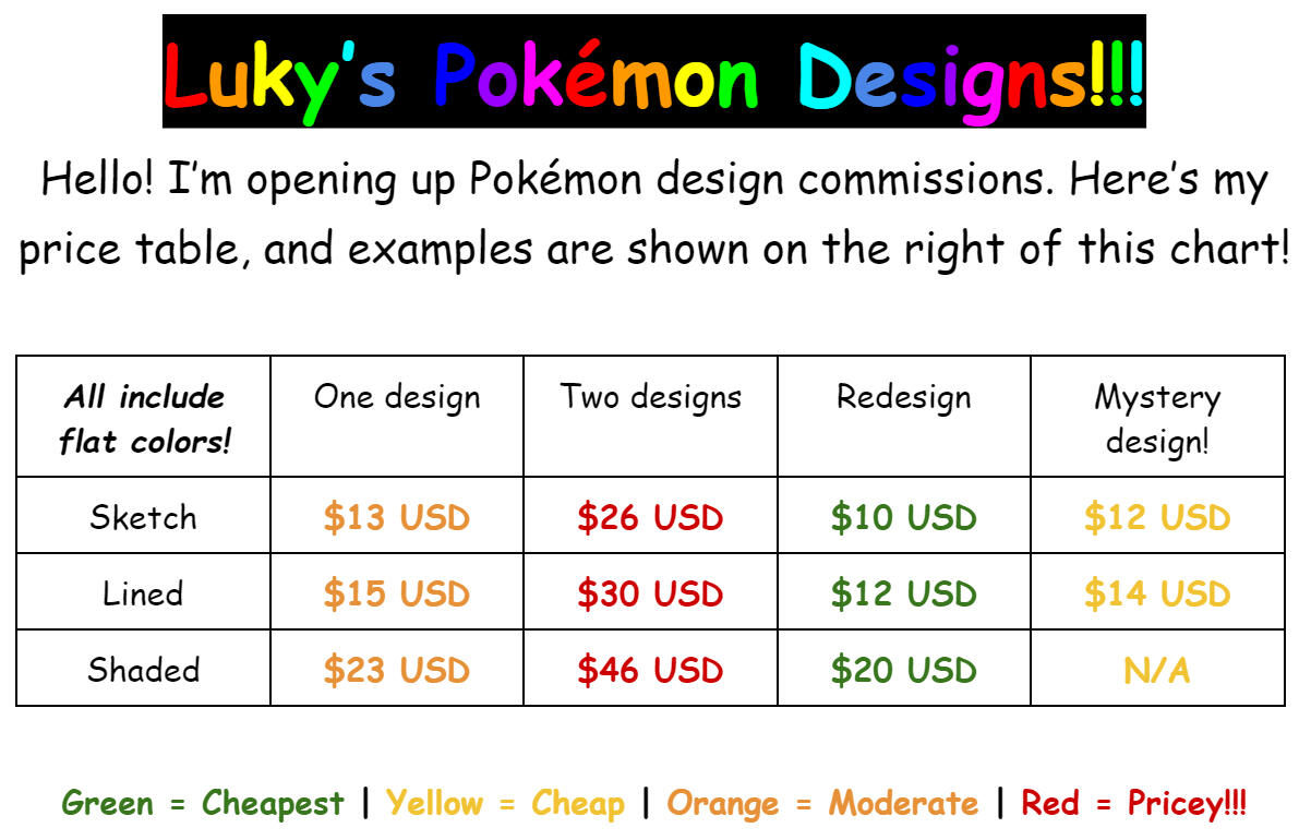 Luky's Pokémon Designs! A commission information sheet with prices. One Pokémon design is $13 USD for a sketch, $15 USD for a lined drawing, and $23 USD for a shaded drawing. Two Pokémon designs are $26 USD for a sketch, $30 USD for a lined drawing, and $4